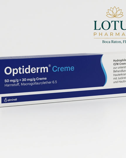 Optiderm Cream is a German medicated moisturizer formulated for dry, itchy, rough, and irritated skin. It combines 5% urea with 3% polidocanol (lauromacrogol 6.5) to help regulate moisture in the outer layer of the skin while providing targeted itch relief.