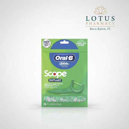 Oral-B Glide + Scope Outlast Floss Picks combine the smooth, easy-gliding performance of Oral-B Glide floss with the refreshing mint flavor of Scope Outlast.

Designed for convenient daily flossing, the floss picks help remove plaque and trapped food particles between teeth and just below the gumline, including tight spaces that can be difficult to clean with brushing alone. The floss is smooth, strong, and shred-resistant, while the opposite end features a textured, flexible pick for additional cleaning.

