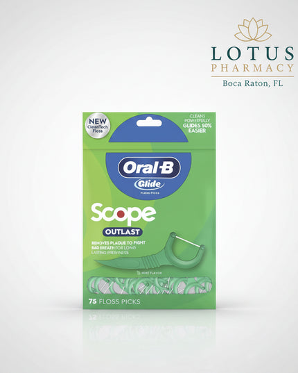 Oral-B Glide + Scope Outlast Floss Picks combine the smooth, easy-gliding performance of Oral-B Glide floss with the refreshing mint flavor of Scope Outlast.

Designed for convenient daily flossing, the floss picks help remove plaque and trapped food particles between teeth and just below the gumline, including tight spaces that can be difficult to clean with brushing alone. The floss is smooth, strong, and shred-resistant, while the opposite end features a textured, flexible pick for additional cleaning.

