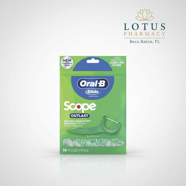 Oral-B Glide + Scope Outlast Floss Picks combine the smooth, easy-gliding performance of Oral-B Glide floss with the refreshing mint flavor of Scope Outlast.

Designed for convenient daily flossing, the floss picks help remove plaque and trapped food particles between teeth and just below the gumline, including tight spaces that can be difficult to clean with brushing alone. The floss is smooth, strong, and shred-resistant, while the opposite end features a textured, flexible pick for additional cleaning.

