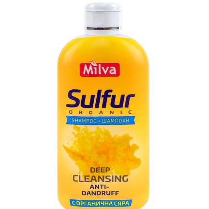 Yellow bottle of Milva Sulfur Organic shampoo on a white background