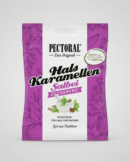 Original Pectoral Brust-Karamellen are traditional German herbal throat candies made according to a long-standing recipe with licorice extract (Süßholzsaft). They are widely used for soothing throat irritation, hoarseness, and mild cough discomfort, while also helping support clearer breathing and airway comfort.