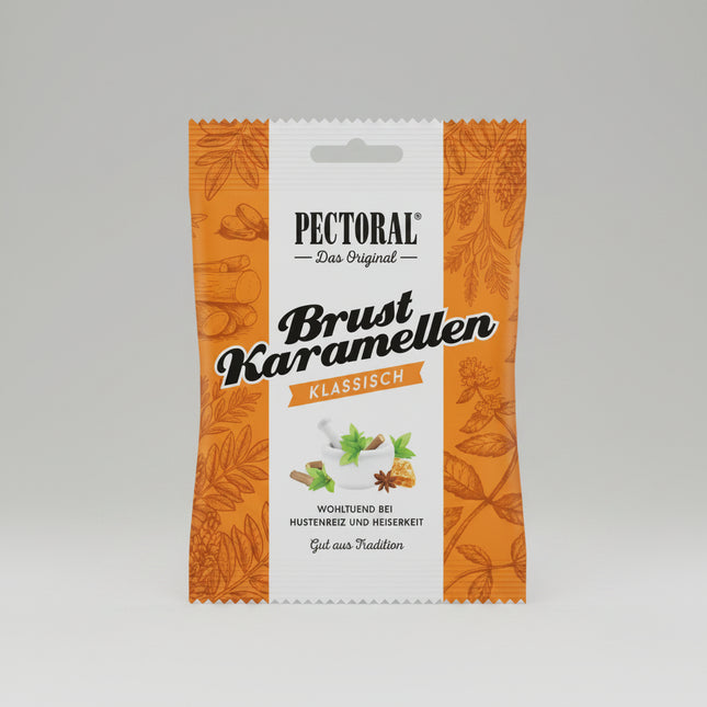 Original Pectoral Brust-Karamellen are traditional German herbal throat candies made according to a long-standing recipe with licorice extract (Süßholzsaft). They are widely used for soothing throat irritation, hoarseness, and mild cough discomfort, while also helping support clearer breathing and airway comfort.