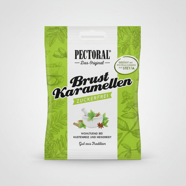 Original Pectoral Brust-Karamellen are traditional German herbal throat candies made according to a long-standing recipe with licorice extract (Süßholzsaft). They are widely used for soothing throat irritation, hoarseness, and mild cough discomfort, while also helping support clearer breathing and airway comfort.