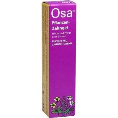 Osa plant toothgel packaging with purple and beige design on a white background