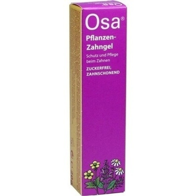 Osa plant toothgel packaging with purple and beige design on a white background