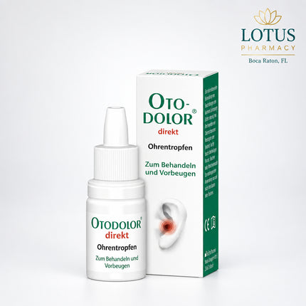 Otodolor Direkt Ear Drops are a preservative-free German ear-care product containing anhydrous glycerol as the only active ingredient. They are intended to help relieve discomfort of the external ear canal, including irritation, itching, mild pain, and swelling that can occur after swimming, diving, exposure to chlorinated water, or wind. They may also be used preventively before and after swimming or diving.