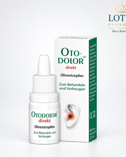 Otodolor Direkt Ear Drops are a preservative-free German ear-care product containing anhydrous glycerol as the only active ingredient. They are intended to help relieve discomfort of the external ear canal, including irritation, itching, mild pain, and swelling that can occur after swimming, diving, exposure to chlorinated water, or wind. They may also be used preventively before and after swimming or diving.