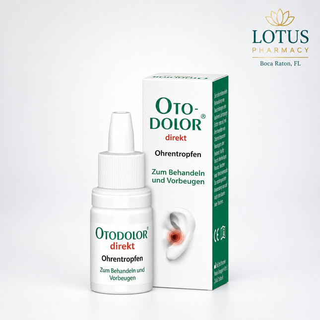 Otodolor Direkt Ear Drops are a preservative-free German ear-care product containing anhydrous glycerol as the only active ingredient. They are intended to help relieve discomfort of the external ear canal, including irritation, itching, mild pain, and swelling that can occur after swimming, diving, exposure to chlorinated water, or wind. They may also be used preventively before and after swimming or diving.