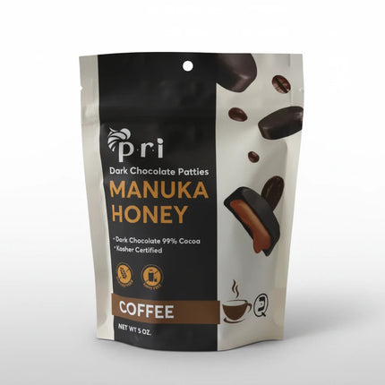 PRI Manuka Honey Coffee Chocolate Patties are premium dark chocolate treats crafted with high-quality ingredients, combining rich dark chocolate, aromatic Arabica coffee, and authentic New Zealand Manuka honey (MGO 60+).