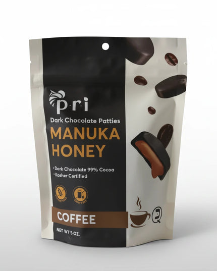 PRI Manuka Honey Coffee Chocolate Patties are premium dark chocolate treats crafted with high-quality ingredients, combining rich dark chocolate, aromatic Arabica coffee, and authentic New Zealand Manuka honey (MGO 60+).