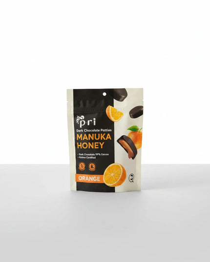PRI Manuka Honey Coffee Chocolate Patties are premium dark chocolate treats crafted with high-quality ingredients, combining rich dark chocolate, aromatic Arabica coffee, and authentic New Zealand Manuka honey (MGO 60+).