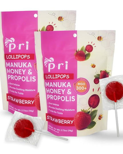 Pri Lollipops Manuka Honey & Propolis Strawberry packaging on a white background