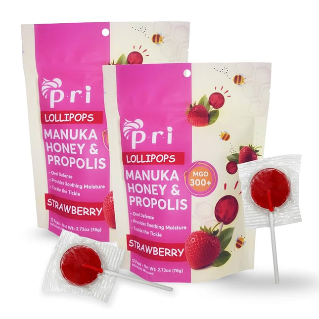 Pri Lollipops Manuka Honey & Propolis Strawberry packaging on a white background