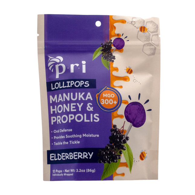 Pri Lollipops Manuka Honey & Propolis Elderberry package on a white background