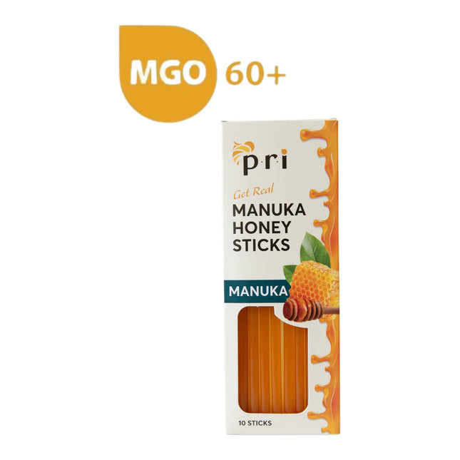 Box of pri Manuka Honey Sticks with MGO 60+ label on a white background