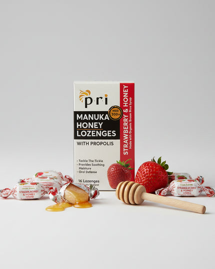 PRI Manuka Honey &amp; Propolis Lozenges are&nbsp;natural throat lozenges made with premium Manuka honey (MGO 300+) and bee propolis to help soothe and protect the throat. Produced by Pacific Resources International (USA), these lozenges combine traditional bee ingredients with natural flavors for gentle, effective throat comfort.

Manuka honey is valued for its soothing and protective properties, while propolis helps support the throat during irritation, dryness, or seasonal discomfort. The formula is free