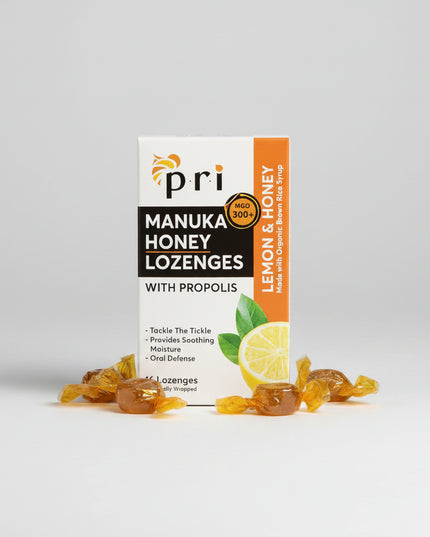 PRI Manuka Honey &amp; Propolis Lozenges are&nbsp;natural throat lozenges made with premium Manuka honey (MGO 300+) and bee propolis to help soothe and protect the throat. Produced by Pacific Resources International (USA), these lozenges combine traditional bee ingredients with natural flavors for gentle, effective throat comfort.

Manuka honey is valued for its soothing and protective properties, while propolis helps support the throat during irritation, dryness, or seasonal discomfort. The formula is free