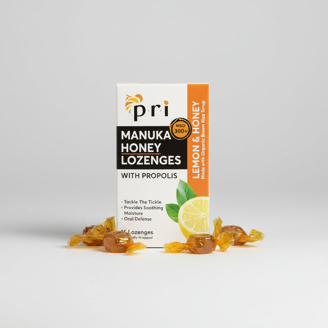 PRI Manuka Honey &amp; Propolis Lozenges are&nbsp;natural throat lozenges made with premium Manuka honey (MGO 300+) and bee propolis to help soothe and protect the throat. Produced by Pacific Resources International (USA), these lozenges combine traditional bee ingredients with natural flavors for gentle, effective throat comfort.

Manuka honey is valued for its soothing and protective properties, while propolis helps support the throat during irritation, dryness, or seasonal discomfort. The formula is free