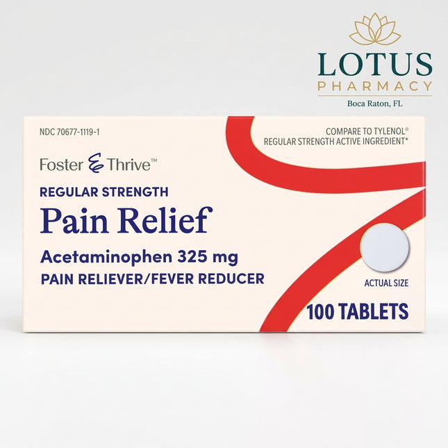 Foster & Thrive Acetaminophen 325 mg is an over-the-counter pain reliever and fever reducer for temporary relief of minor aches and pains and reduction of fever. Each tablet contains acetaminophen 325 mg, a widely used analgesic and antipyretic.
This 100-tablet bottle is suitable for everyday home medicine cabinets and routine pain and fever management when used as directed.