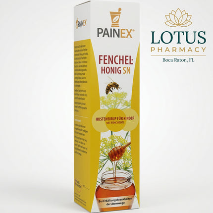 Painex Fenchelhonig SN is a German herbal medicinal syrup formulated for children with colds of the respiratory tract accompanied by thick, difficult-to-clear mucus. It contains bitter fennel oil in a honey and sugar-syrup base.

The syrup can be taken directly or mixed into warm tea, milk, or water. Its mild fennel-honey taste makes it especially suitable for children.