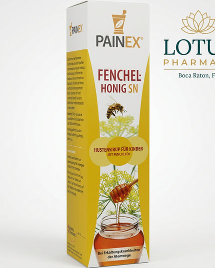 Painex Fenchelhonig SN is a German herbal medicinal syrup formulated for children with colds of the respiratory tract accompanied by thick, difficult-to-clear mucus. It contains bitter fennel oil in a honey and sugar-syrup base.

The syrup can be taken directly or mixed into warm tea, milk, or water. Its mild fennel-honey taste makes it especially suitable for children.