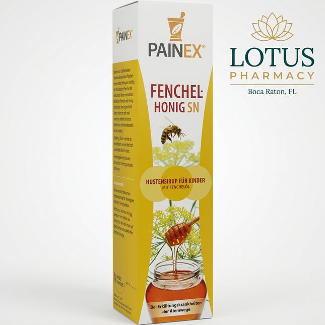 Painex Fenchelhonig SN is a German herbal medicinal syrup formulated for children with colds of the respiratory tract accompanied by thick, difficult-to-clear mucus. It contains bitter fennel oil in a honey and sugar-syrup base.

The syrup can be taken directly or mixed into warm tea, milk, or water. Its mild fennel-honey taste makes it especially suitable for children.