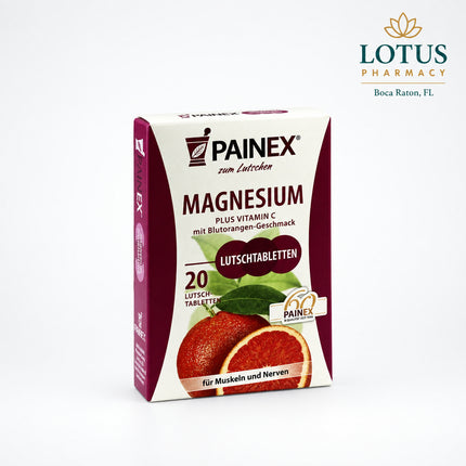 Painex Magnesium with Vitamin C is a German dietary supplement in convenient suckable/chewable tablet form. Each tablet provides 60 mg magnesium and 25 mg vitamin C, while the recommended daily serving of 3 tablets supplies 180 mg magnesium and 75 mg vitamin C.