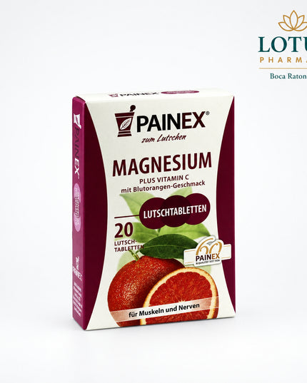 Painex Magnesium with Vitamin C is a German dietary supplement in convenient suckable/chewable tablet form. Each tablet provides 60 mg magnesium and 25 mg vitamin C, while the recommended daily serving of 3 tablets supplies 180 mg magnesium and 75 mg vitamin C.