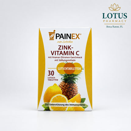 Painex Zinc + Vitamin C is a German dietary supplement formulated to support normal immune system function and antioxidant protection. Each lozenge provides 5 mg zinc and 60 mg vitamin C, supplying 50% and 75% of the EU daily nutrient reference values, respectively.