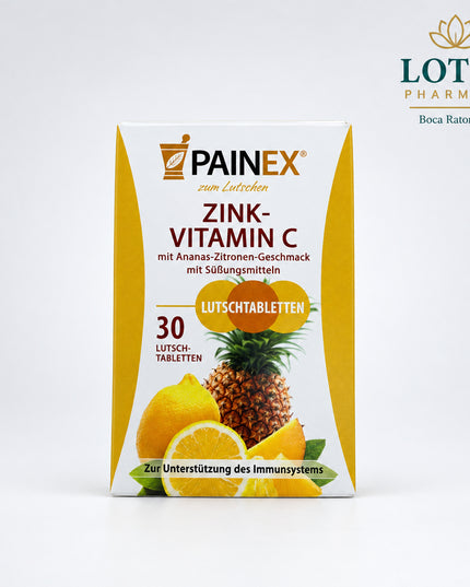 Painex Zinc + Vitamin C is a German dietary supplement formulated to support normal immune system function and antioxidant protection. Each lozenge provides 5 mg zinc and 60 mg vitamin C, supplying 50% and 75% of the EU daily nutrient reference values, respectively.