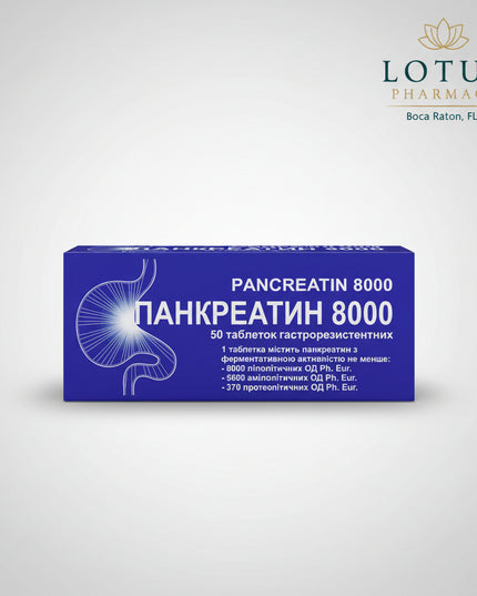 Pancreatin 8000 supplement packaging with text and diagram on a blue background