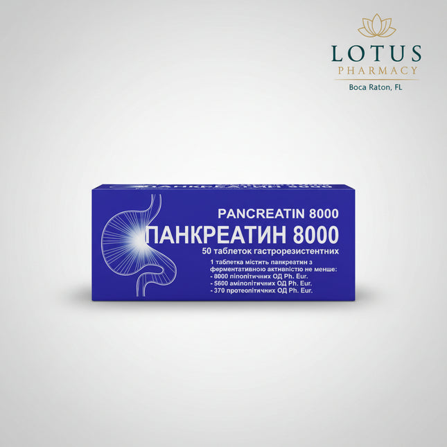 Pancreatin 8000 supplement packaging with text and diagram on a blue background