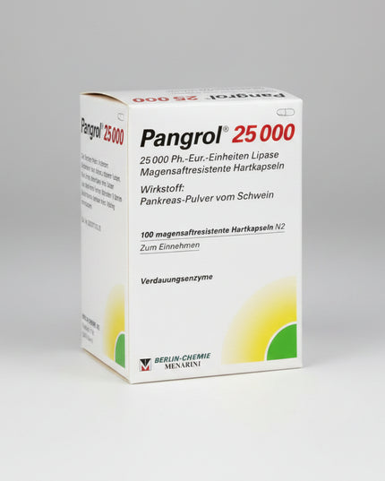 Pangrol is a premium German pancreatin enzyme medicine by Berlin-Chemie, designed to replace lipase, amylase, and protease when the pancreas does not produce enough digestive enzymes. It is especially used for exocrine pancreatic insufficiency, chronic pancreatitis, post-pancreas surgery support, cystic fibrosis-related maldigestion, and difficult fatty meals. The capsules contain acid-resistant mini-pellets that mix with food in the stomach and release in the small intestine for more effective digestion.