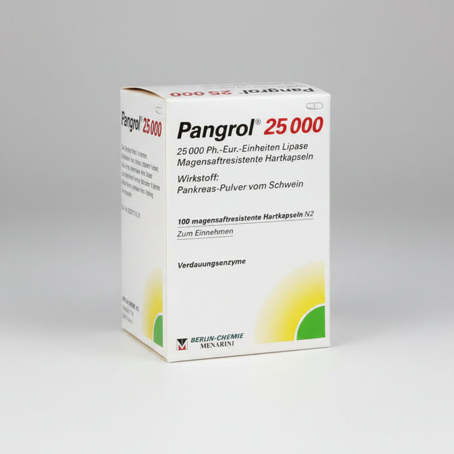 Pangrol is a premium German pancreatin enzyme medicine by Berlin-Chemie, designed to replace lipase, amylase, and protease when the pancreas does not produce enough digestive enzymes. It is especially used for exocrine pancreatic insufficiency, chronic pancreatitis, post-pancreas surgery support, cystic fibrosis-related maldigestion, and difficult fatty meals. The capsules contain acid-resistant mini-pellets that mix with food in the stomach and release in the small intestine for more effective digestion.