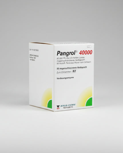 Pangrol is a premium German pancreatin enzyme medicine by Berlin-Chemie, designed to replace lipase, amylase, and protease when the pancreas does not produce enough digestive enzymes. It is especially used for exocrine pancreatic insufficiency, chronic pancreatitis, post-pancreas surgery support, cystic fibrosis-related maldigestion, and difficult fatty meals. The capsules contain acid-resistant mini-pellets that mix with food in the stomach and release in the small intestine for more effective digestion.