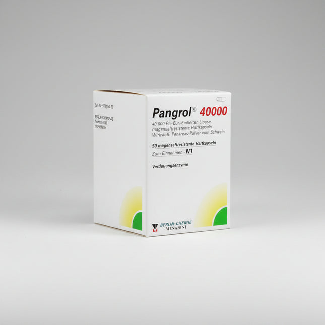 Pangrol is a premium German pancreatin enzyme medicine by Berlin-Chemie, designed to replace lipase, amylase, and protease when the pancreas does not produce enough digestive enzymes. It is especially used for exocrine pancreatic insufficiency, chronic pancreatitis, post-pancreas surgery support, cystic fibrosis-related maldigestion, and difficult fatty meals. The capsules contain acid-resistant mini-pellets that mix with food in the stomach and release in the small intestine for more effective digestion.