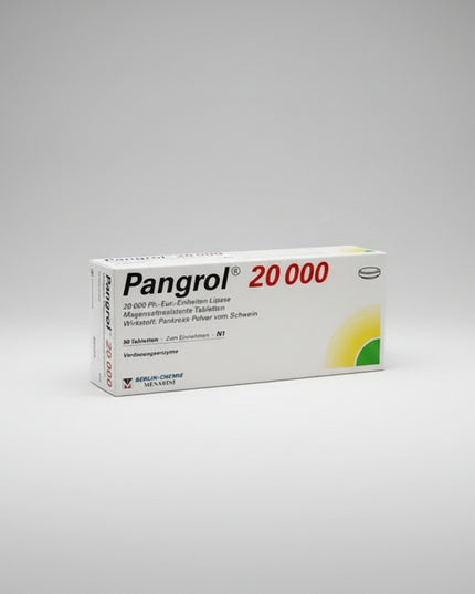 Pangrol is a premium German pancreatin enzyme medicine by Berlin-Chemie, designed to replace lipase, amylase, and protease when the pancreas does not produce enough digestive enzymes. It is especially used for exocrine pancreatic insufficiency, chronic pancreatitis, post-pancreas surgery support, cystic fibrosis-related maldigestion, and difficult fatty meals. The capsules contain acid-resistant mini-pellets that mix with food in the stomach and release in the small intestine for more effective digestion.