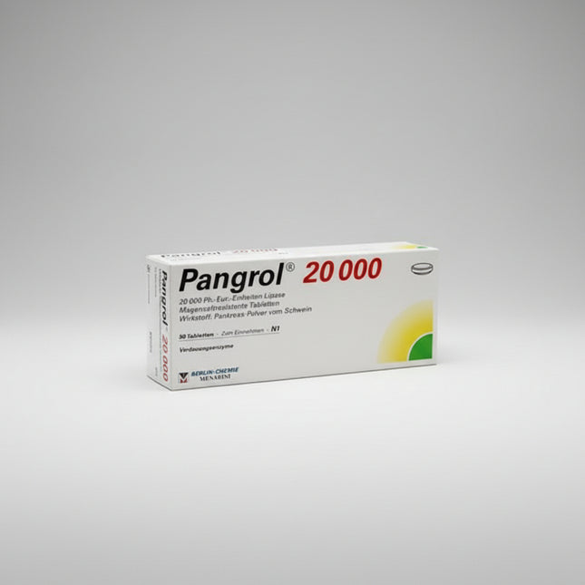 Pangrol is a premium German pancreatin enzyme medicine by Berlin-Chemie, designed to replace lipase, amylase, and protease when the pancreas does not produce enough digestive enzymes. It is especially used for exocrine pancreatic insufficiency, chronic pancreatitis, post-pancreas surgery support, cystic fibrosis-related maldigestion, and difficult fatty meals. The capsules contain acid-resistant mini-pellets that mix with food in the stomach and release in the small intestine for more effective digestion.