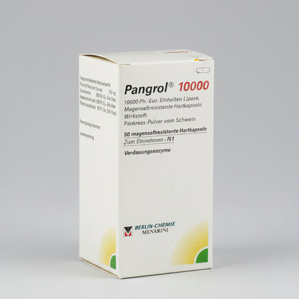 Pangrol is a premium German pancreatin enzyme medicine by Berlin-Chemie, designed to replace lipase, amylase, and protease when the pancreas does not produce enough digestive enzymes. It is especially used for exocrine pancreatic insufficiency, chronic pancreatitis, post-pancreas surgery support, cystic fibrosis-related maldigestion, and difficult fatty meals. The capsules contain acid-resistant mini-pellets that mix with food in the stomach and release in the small intestine for more effective digestion.