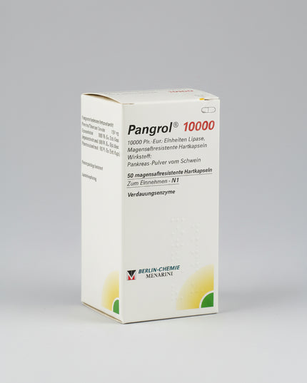 Pangrol is a premium German pancreatin enzyme medicine by Berlin-Chemie, designed to replace lipase, amylase, and protease when the pancreas does not produce enough digestive enzymes. It is especially used for exocrine pancreatic insufficiency, chronic pancreatitis, post-pancreas surgery support, cystic fibrosis-related maldigestion, and difficult fatty meals. The capsules contain acid-resistant mini-pellets that mix with food in the stomach and release in the small intestine for more effective digestion.