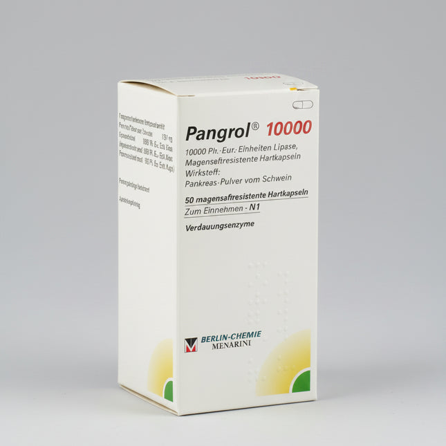 Pangrol is a premium German pancreatin enzyme medicine by Berlin-Chemie, designed to replace lipase, amylase, and protease when the pancreas does not produce enough digestive enzymes. It is especially used for exocrine pancreatic insufficiency, chronic pancreatitis, post-pancreas surgery support, cystic fibrosis-related maldigestion, and difficult fatty meals. The capsules contain acid-resistant mini-pellets that mix with food in the stomach and release in the small intestine for more effective digestion.