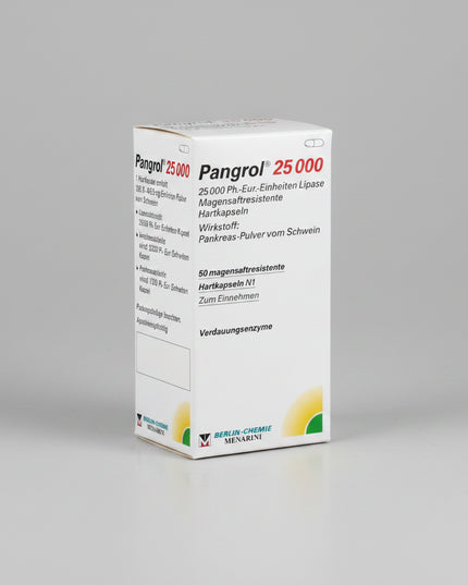 Pangrol is a premium German pancreatin enzyme medicine by Berlin-Chemie, designed to replace lipase, amylase, and protease when the pancreas does not produce enough digestive enzymes. It is especially used for exocrine pancreatic insufficiency, chronic pancreatitis, post-pancreas surgery support, cystic fibrosis-related maldigestion, and difficult fatty meals. The capsules contain acid-resistant mini-pellets that mix with food in the stomach and release in the small intestine for more effective digestion.