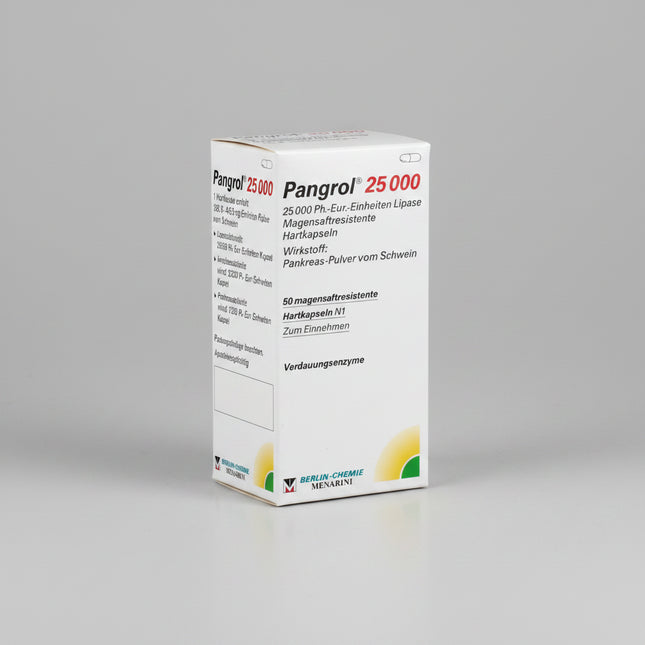 Pangrol is a premium German pancreatin enzyme medicine by Berlin-Chemie, designed to replace lipase, amylase, and protease when the pancreas does not produce enough digestive enzymes. It is especially used for exocrine pancreatic insufficiency, chronic pancreatitis, post-pancreas surgery support, cystic fibrosis-related maldigestion, and difficult fatty meals. The capsules contain acid-resistant mini-pellets that mix with food in the stomach and release in the small intestine for more effective digestion.