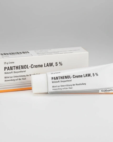 Panthenol-Creme LAW 5% is a topical skin cream containing&nbsp;dexpanthenol 50 mg per gram (5%). Dexpanthenol is converted in the skin to pantothenic acid (vitamin B5), which supports skin regeneration, moisture retention, and barrier repair.