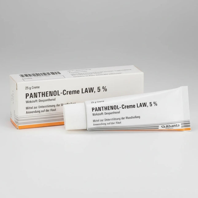 Panthenol-Creme LAW 5% is a topical skin cream containing&nbsp;dexpanthenol 50 mg per gram (5%). Dexpanthenol is converted in the skin to pantothenic acid (vitamin B5), which supports skin regeneration, moisture retention, and barrier repair.