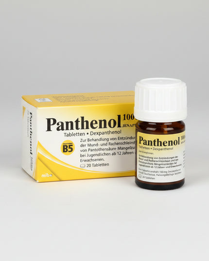 Panthenol 100 mg by Jenapharm contains Dexpanthenol (Vitamin B5), a compound that supports normal skin and mucous membrane regeneration. It is traditionally used to assist the body’s natural healing processes and support tissue recovery.