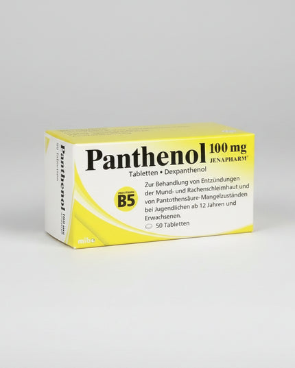 Panthenol 100 mg by Jenapharm contains Dexpanthenol (Vitamin B5), a compound that supports normal skin and mucous membrane regeneration. It is traditionally used to assist the body’s natural healing processes and support tissue recovery.