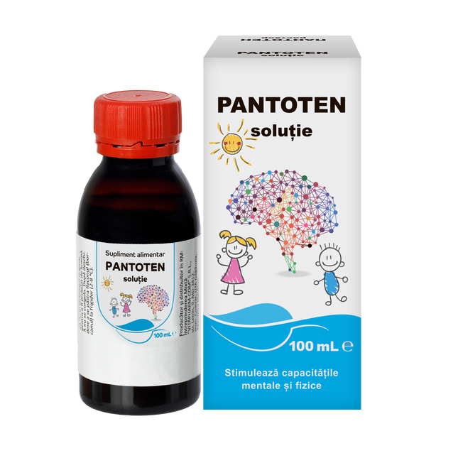 Pantoten solution bottle and packaging on a white background