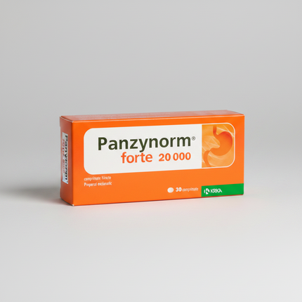 Panzynorm Forte 20000 (Панзинорм Форте 20000) is a high-strength digestive enzyme supplement containing pancreatin. It supports proper digestion of proteins, fats, and carbohydrates, helping relieve symptoms of enzyme insufficiency such as bloating, heaviness after meals, gas, and discomfort.
It is commonly used when the body does not produce enough pancreatic enzymes — including during chronic pancreatitis, digestive disorders, or after heavy meals.

